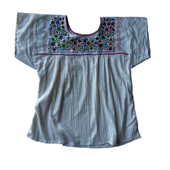 Mexican Embroidered Blouse – Handmade Otomi Floral Animals Design Large 28x23in - Picture 2 of 10